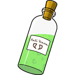 A glass bottle full of a bubbling green liquid. A label on the bottle reads Anti-Venom, and has a drawing of fangs underneath.