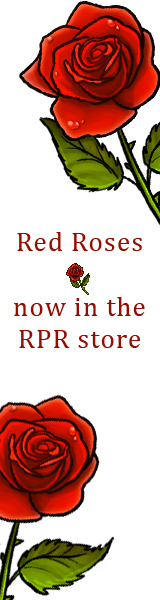 Two red roses on a white field. Text reads: Red roses now in the RPR store