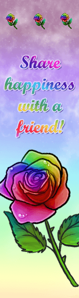 A rainbow petaled rose on a colorful background. Text reads: share happiness with a friend